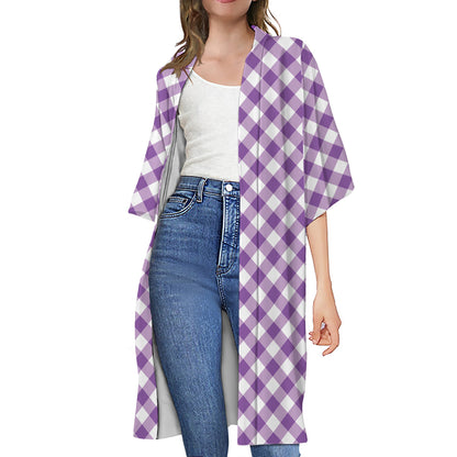 Violet And White Gingham Pattern Print Open Front Beach Cover Up