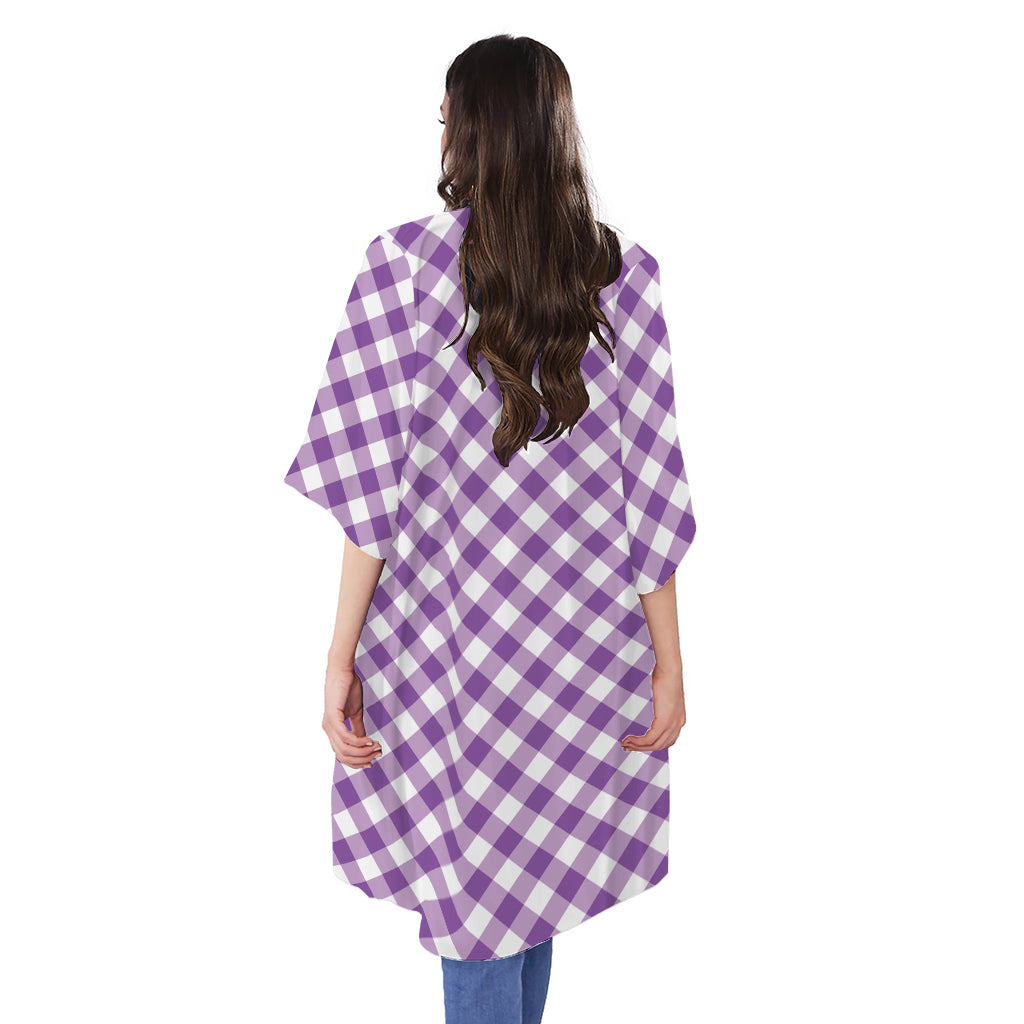 Violet And White Gingham Pattern Print Open Front Beach Cover Up