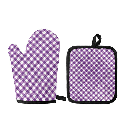 Violet And White Gingham Pattern Print Oven Mitt And Pot Holder Set