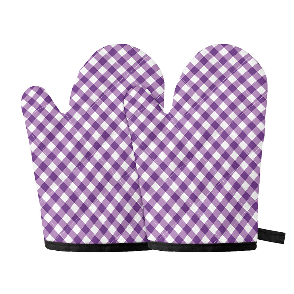 Violet And White Gingham Pattern Print Oven Mitts