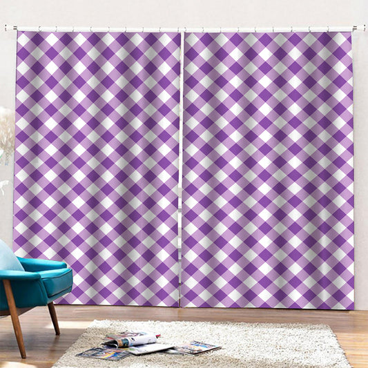 Violet And White Gingham Pattern Print Pencil Pleat Curtains