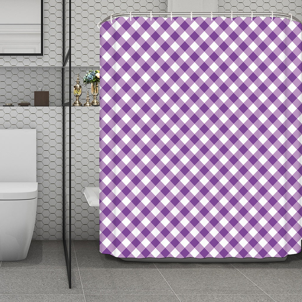 Violet And White Gingham Pattern Print Polyester Shower Curtain