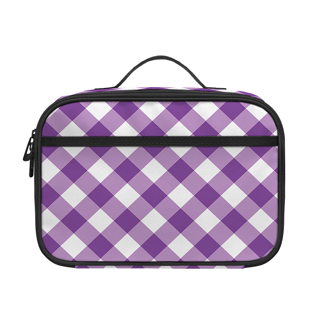 Violet And White Gingham Pattern Print Portable Lunch Bag