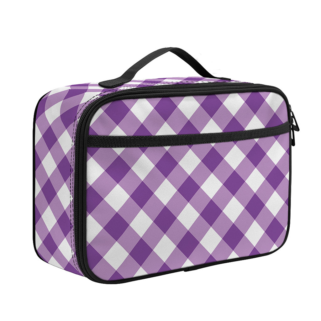 Violet And White Gingham Pattern Print Portable Lunch Bag