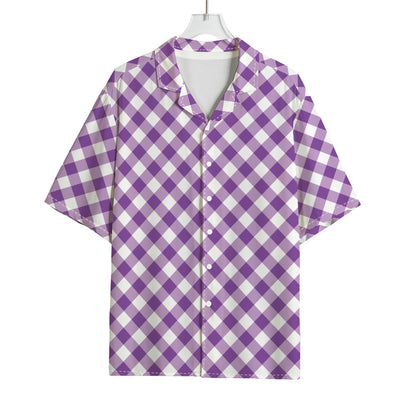 Violet And White Gingham Pattern Print Rayon Hawaiian Shirt