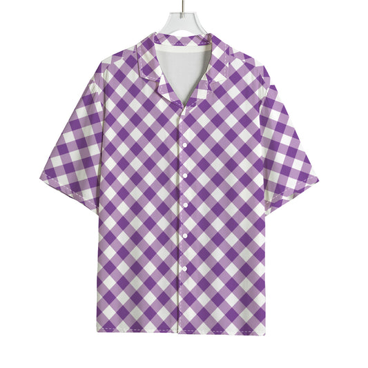 Violet And White Gingham Pattern Print Rayon Hawaiian Shirt