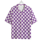Violet And White Gingham Pattern Print Rayon Hawaiian Shirt