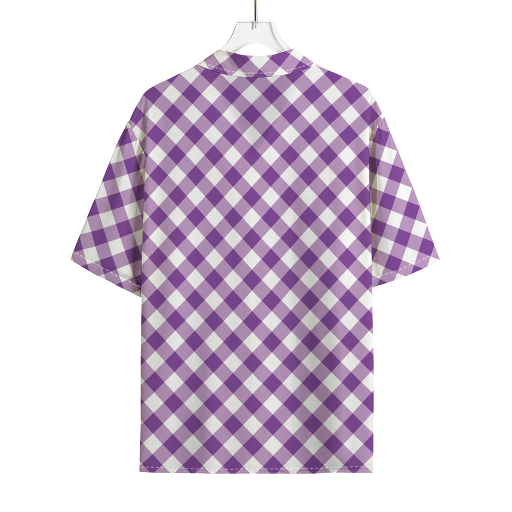 Violet And White Gingham Pattern Print Rayon Hawaiian Shirt