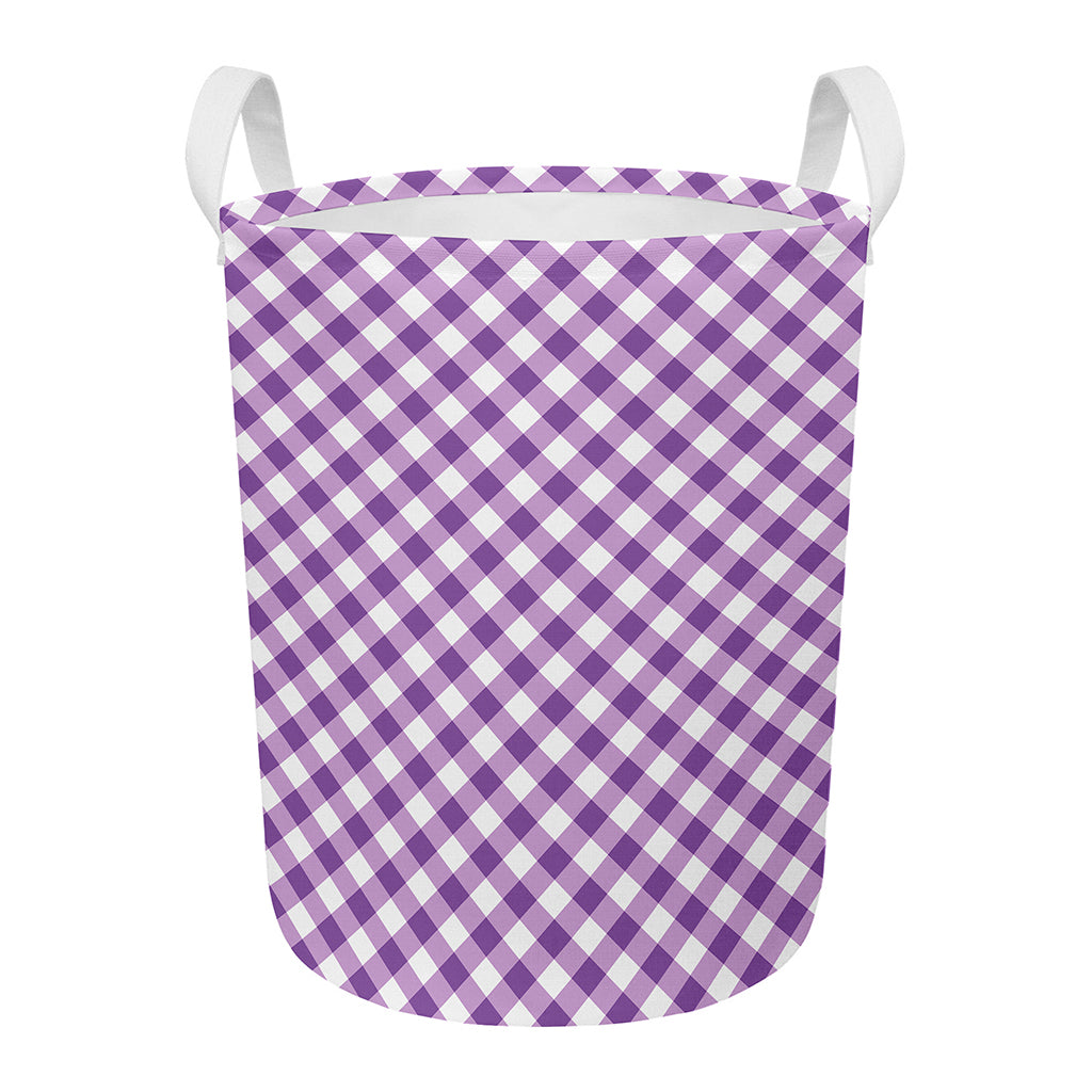 Violet And White Gingham Pattern Print Round Laundry Basket