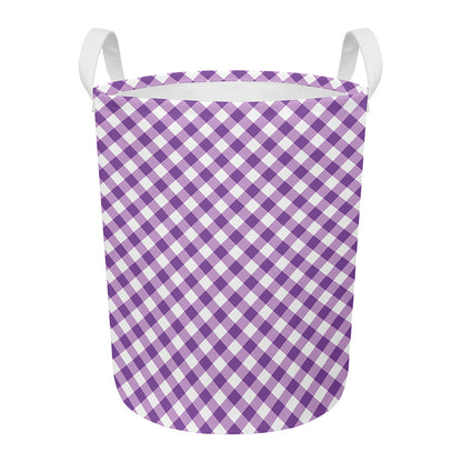 Violet And White Gingham Pattern Print Round Laundry Basket
