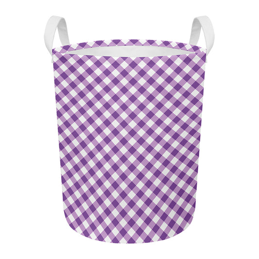 Violet And White Gingham Pattern Print Round Laundry Basket