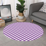 Violet And White Gingham Pattern Print Round Rug