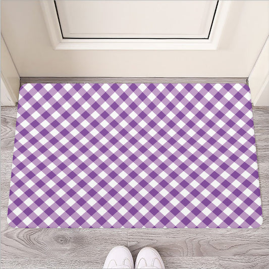 Violet And White Gingham Pattern Print Rubber Doormat