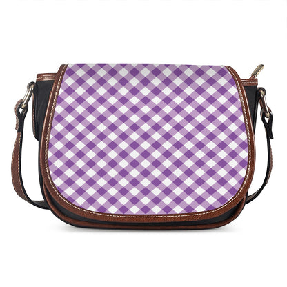 Violet And White Gingham Pattern Print Saddle Bag