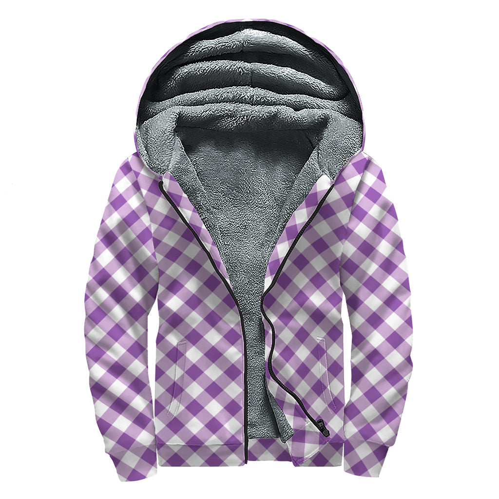Violet And White Gingham Pattern Print Sherpa Lined Zip Up Hoodie
