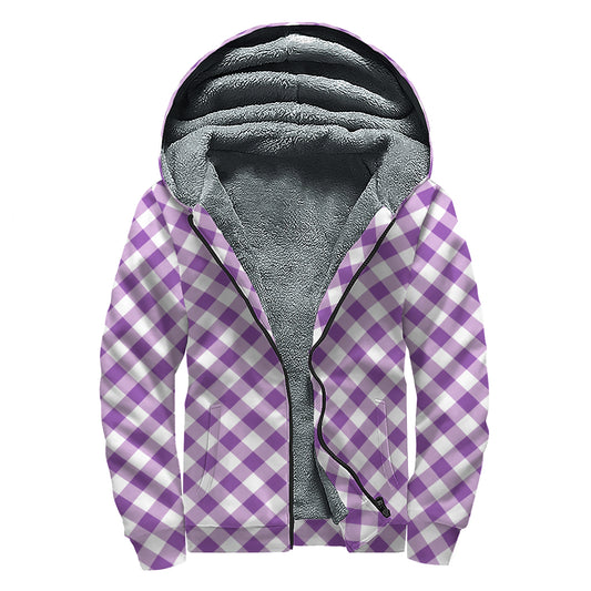 Violet And White Gingham Pattern Print Sherpa Lined Zip Up Hoodie