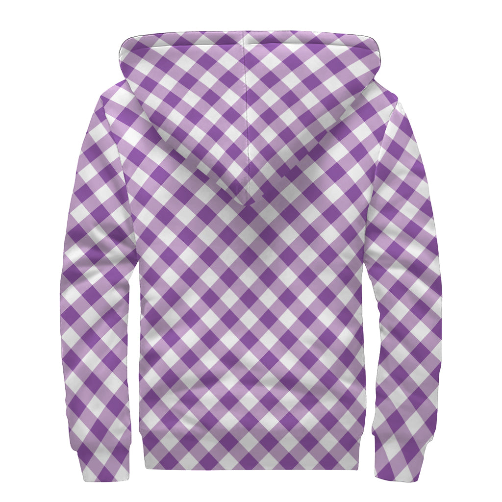 Violet And White Gingham Pattern Print Sherpa Lined Zip Up Hoodie