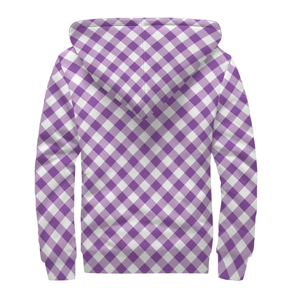 Violet And White Gingham Pattern Print Sherpa Lined Zip Up Hoodie