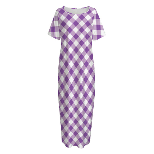 Violet And White Gingham Pattern Print Short Sleeve Long Nightdress