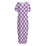 Violet And White Gingham Pattern Print Short Sleeve Long Nightdress
