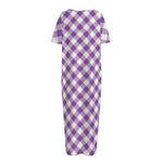 Violet And White Gingham Pattern Print Short Sleeve Long Nightdress