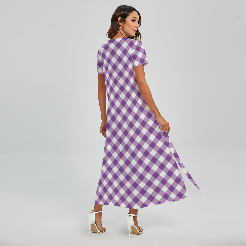 Violet And White Gingham Pattern Print Short Sleeve Maxi Dress