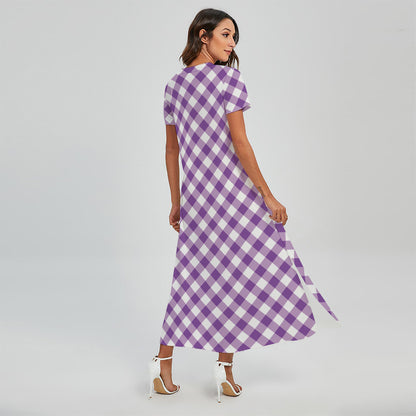 Violet And White Gingham Pattern Print Short Sleeve Maxi Dress