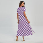 Violet And White Gingham Pattern Print Short Sleeve Maxi Dress