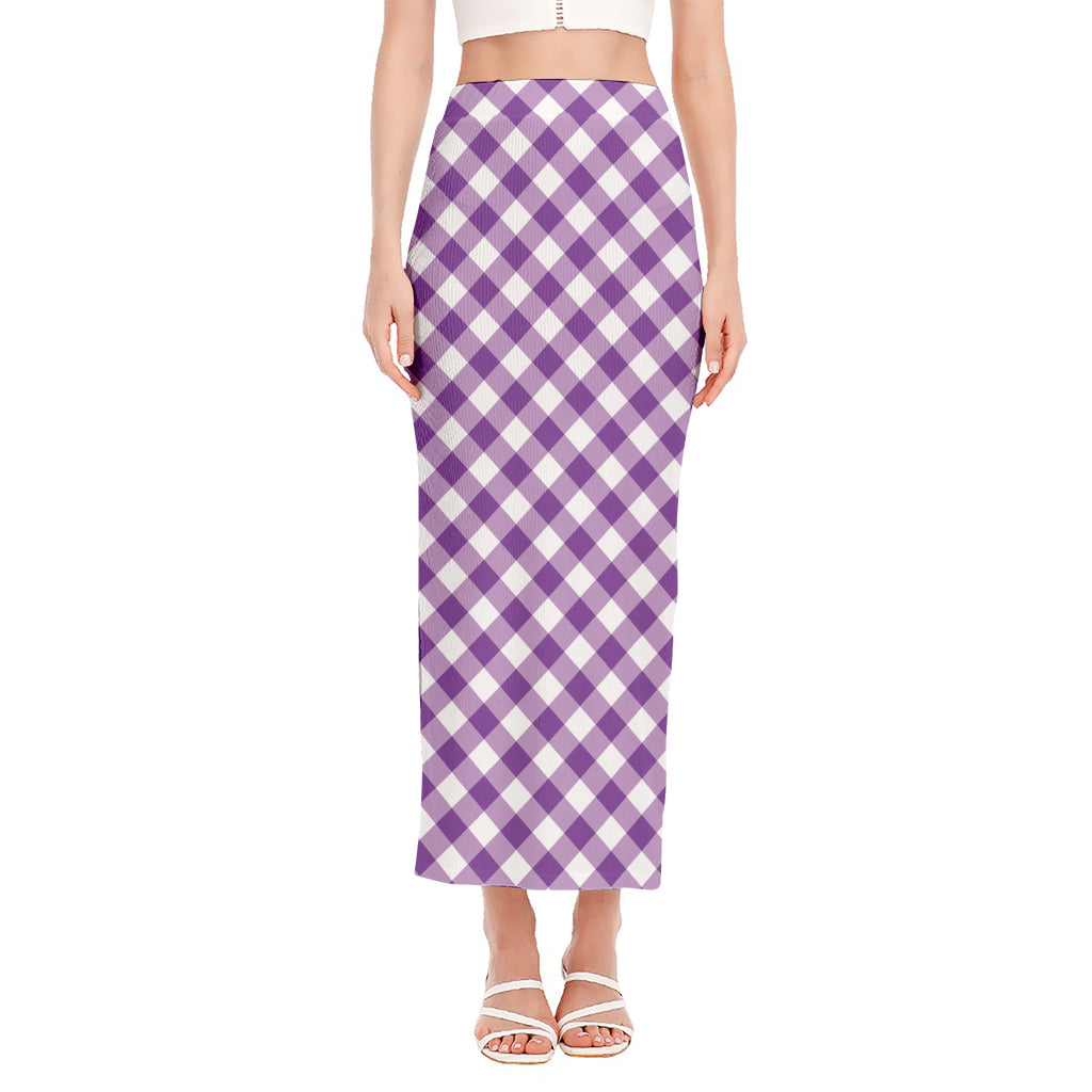 Violet And White Gingham Pattern Print Side Slit Maxi Skirt