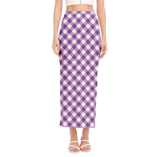 Violet And White Gingham Pattern Print Side Slit Maxi Skirt