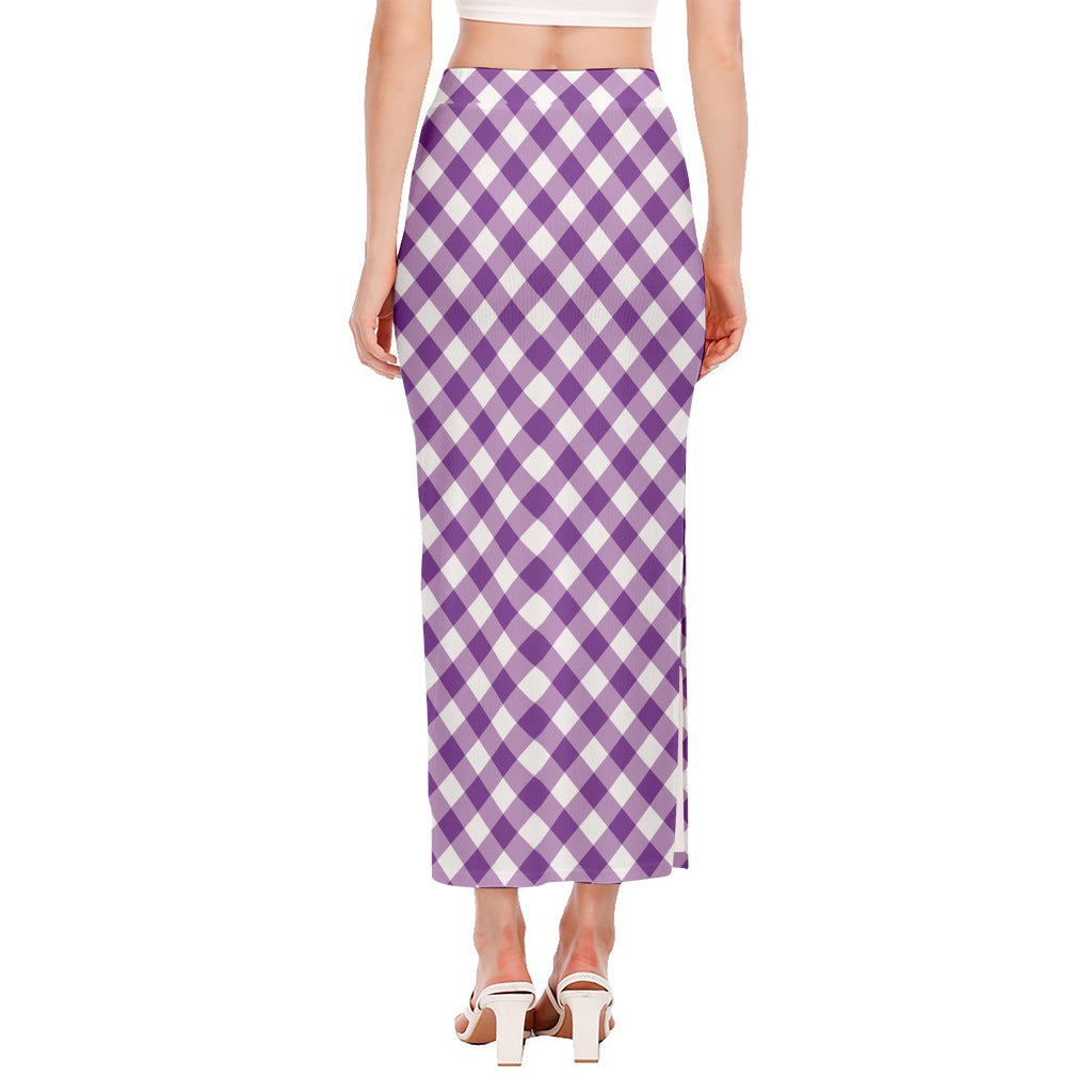 Violet And White Gingham Pattern Print Side Slit Maxi Skirt
