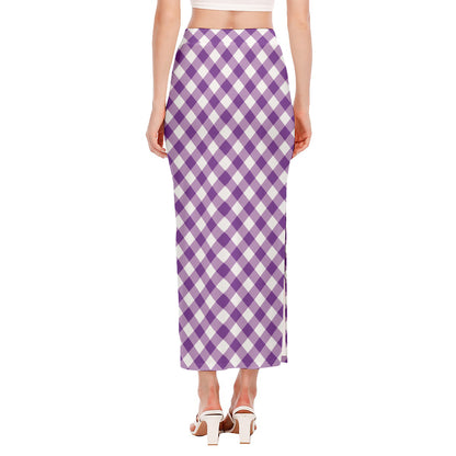 Violet And White Gingham Pattern Print Side Slit Maxi Skirt