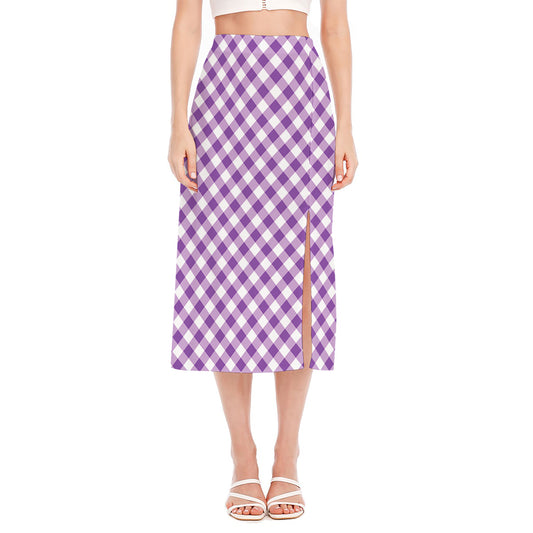 Violet And White Gingham Pattern Print Side Slit Midi Skirt
