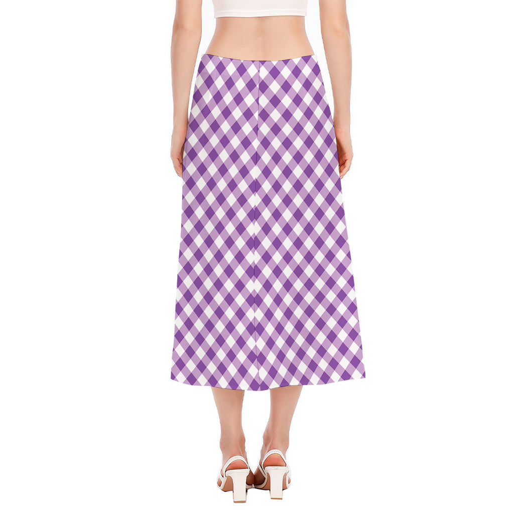 Violet And White Gingham Pattern Print Side Slit Midi Skirt
