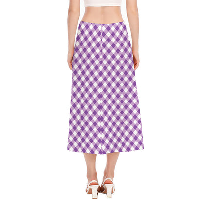 Violet And White Gingham Pattern Print Side Slit Midi Skirt
