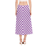 Violet And White Gingham Pattern Print Side Slit Midi Skirt