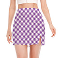 Violet And White Gingham Pattern Print Side Slit Mini Skirt