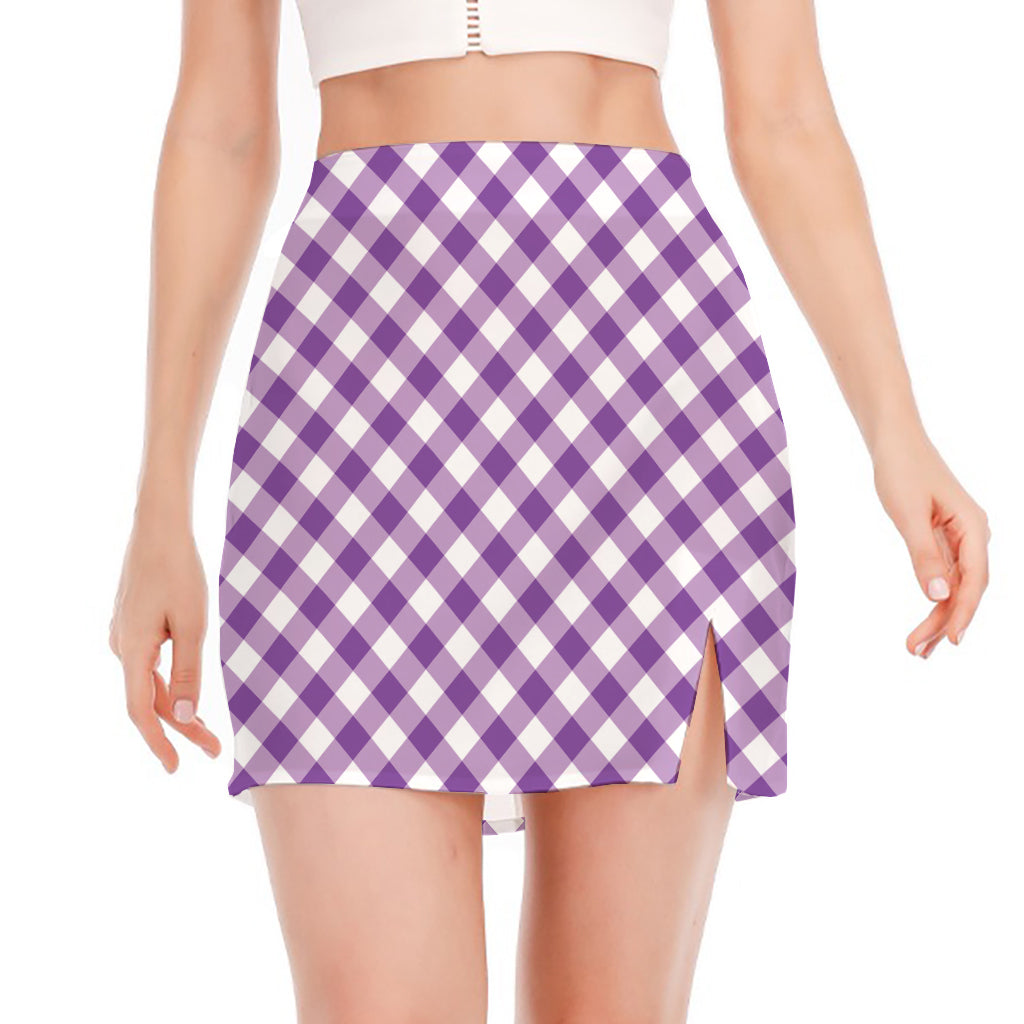 Violet And White Gingham Pattern Print Side Slit Mini Skirt