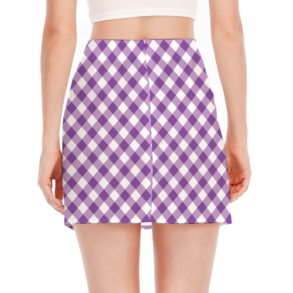 Violet And White Gingham Pattern Print Side Slit Mini Skirt