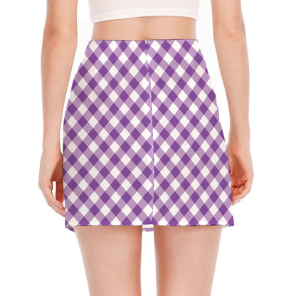 Violet And White Gingham Pattern Print Side Slit Mini Skirt