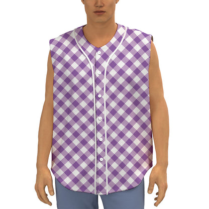 Violet And White Gingham Pattern Print Sleeveless Baseball Jersey