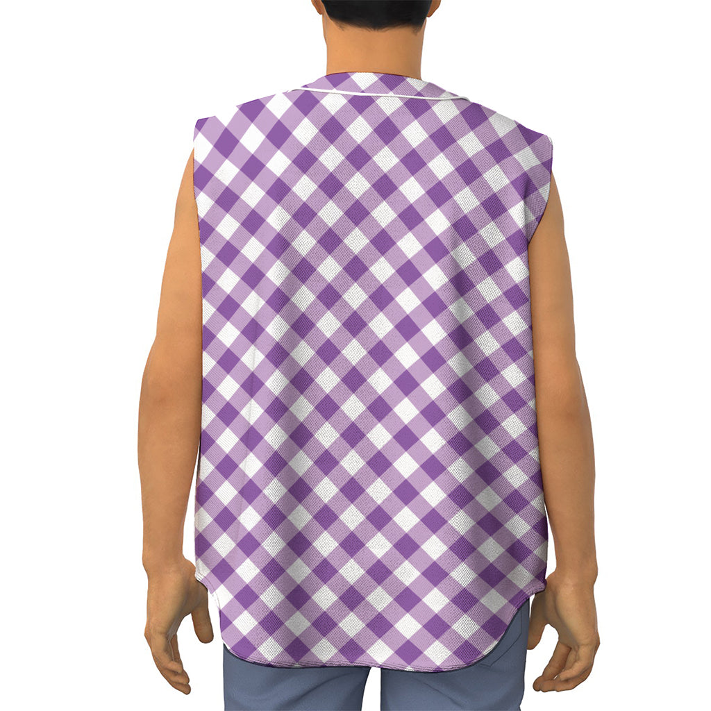 Violet And White Gingham Pattern Print Sleeveless Baseball Jersey