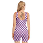 Violet And White Gingham Pattern Print Sleeveless One Piece Swimsuit