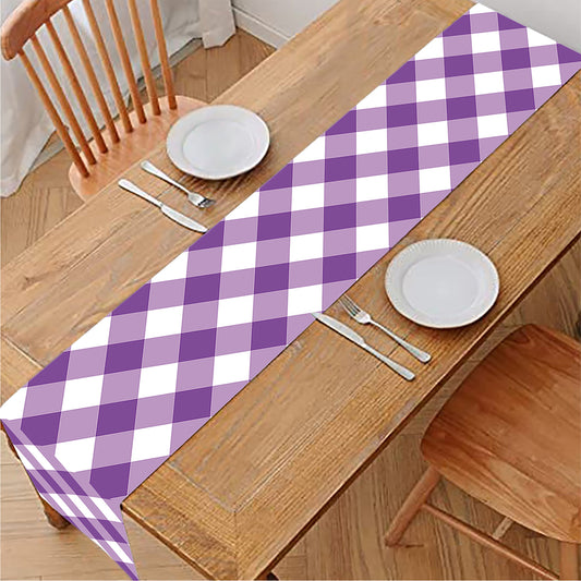 Violet And White Gingham Pattern Print Table Runner
