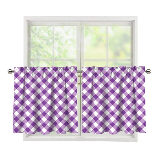 Violet And White Gingham Pattern Print Tier Curtains