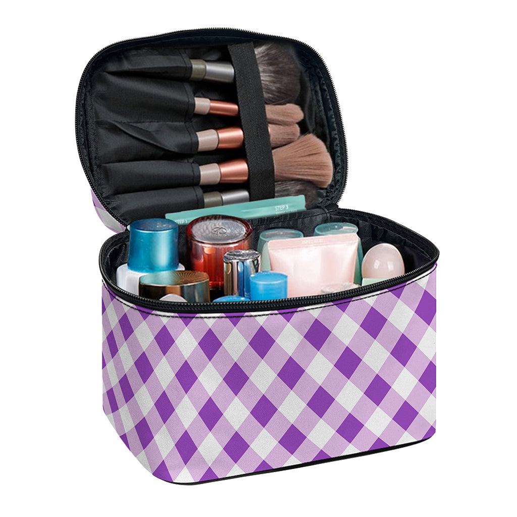 Violet And White Gingham Pattern Print Travel Makeup Bag