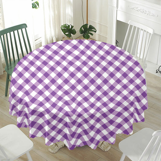 Violet And White Gingham Pattern Print Waterproof Round Tablecloth