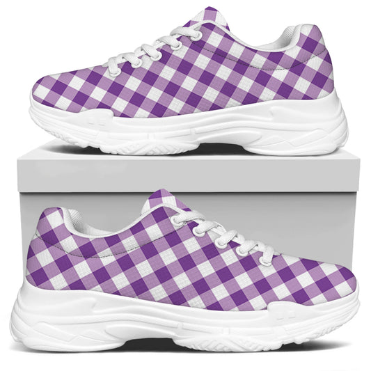Violet And White Gingham Pattern Print White Chunky Shoes