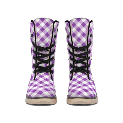 Violet And White Gingham Pattern Print Winter Boots