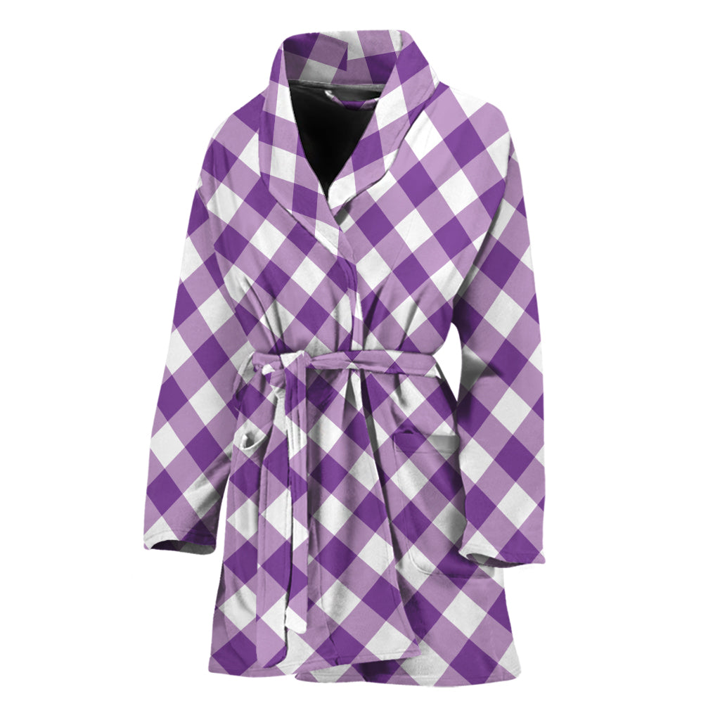 Violet And White Gingham Pattern Print Women's Bathrobe